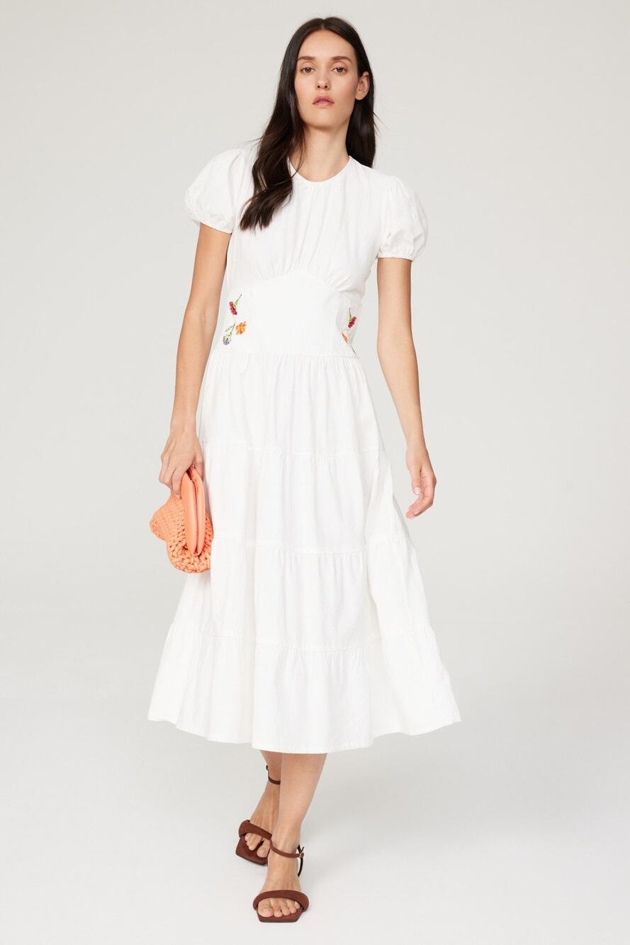 Lisa Says Gah White Floral Embroidered Puff Sleeve A-Line Midi Dress Size Small